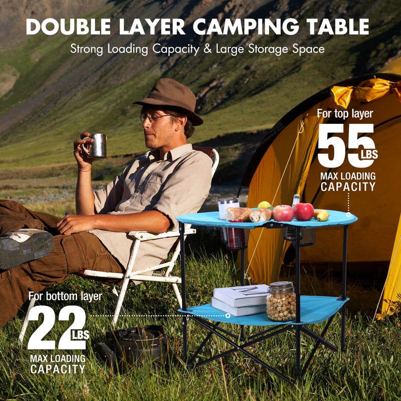 VILLEY Folding Camping Table, Lightweight Double-Layer Round Table with 4 Cup Holders and Carry Bag, Portable Beach Table for Camp, Travel, Fishing, Outdoor Activities, Blue - Image 5