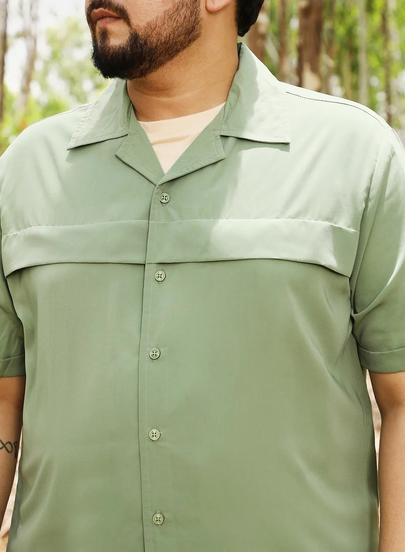 Instafab Plus Instafab Men's Pistachio Green Front-Flap Cuban Shirt | Cuban Collar , Short Regular Sleeves , Button Closure | Solid Plain | Polyester Blend Shirt For Casual Wear