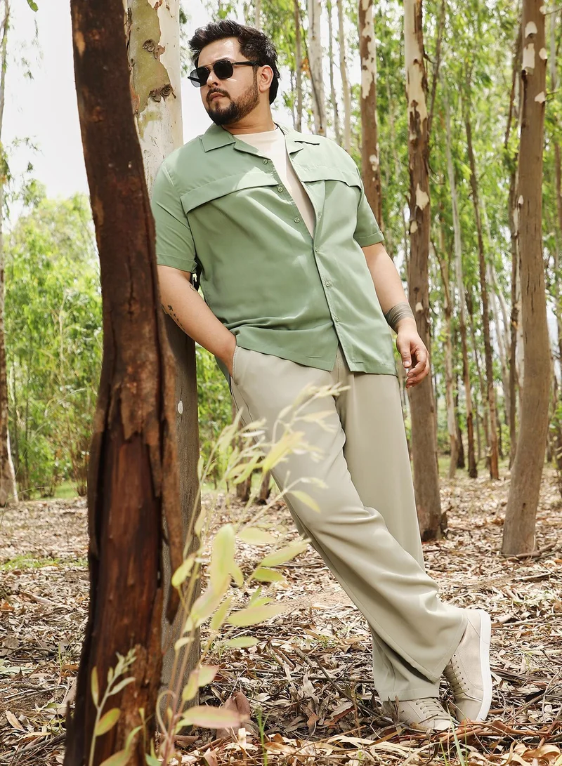 Instafab Plus Instafab Men's Pistachio Green Front-Flap Cuban Shirt | Cuban Collar , Short Regular Sleeves , Button Closure | Solid Plain | Polyester Blend Shirt For Casual Wear