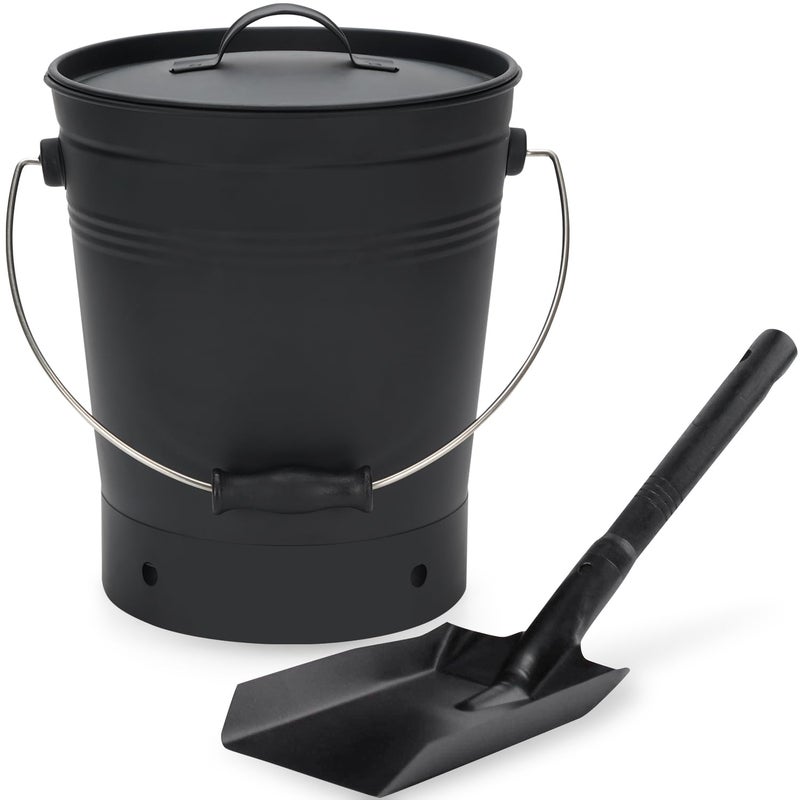 INNO STAGE Ash Bucket with Lid and Wood Handle Coal Shovel, Ash Carrier Pail Fireplace Tools,Fire Pit,Wood Burning Stove Black