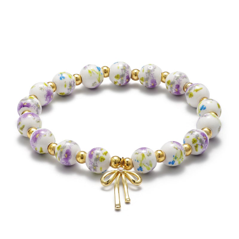 Agromusk Beads Bow Charm Bracelet for Women Purple Peony Flower Vintage Bracelet Handmade Stretch Strand Beaded Bracelet Purple and White Decor Coquette Aesthetic Dainty Romantic Jewelry Gifts for Her(Purple with Peony) - Image 2