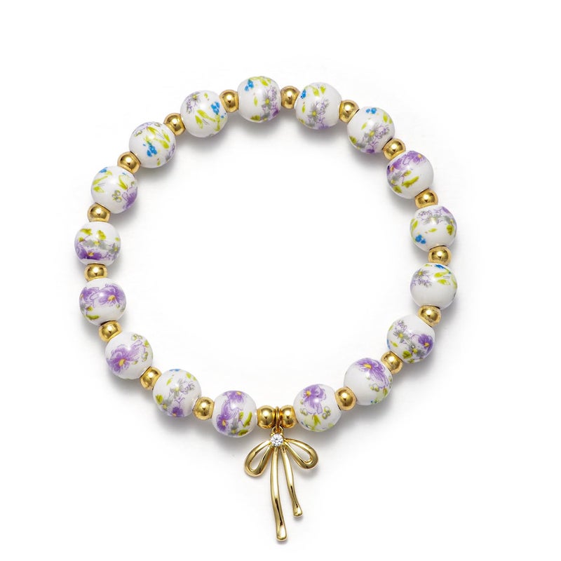 Agromusk Beads Bow Charm Bracelet for Women Purple Peony Flower Vintage Bracelet Handmade Stretch Strand Beaded Bracelet Purple and White Decor Coquette Aesthetic Dainty Romantic Jewelry Gifts for Her(Purple with Peony) - Image 1