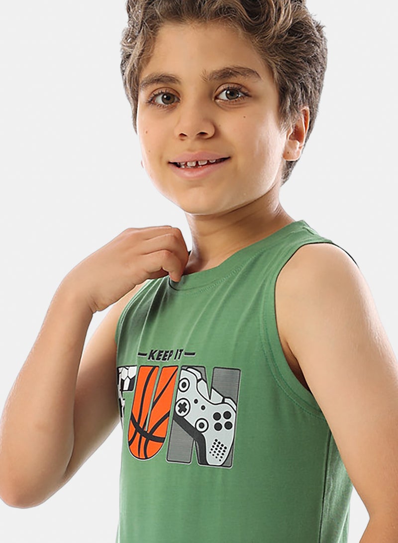 Andora Sleeveless Printed Boys Tank Top - Light Olive - Image 5