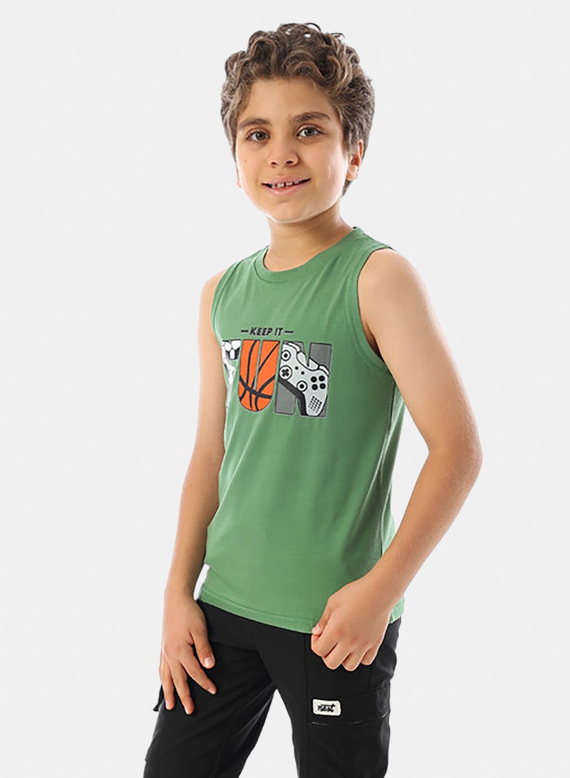 Andora Sleeveless Printed Boys Tank Top - Light Olive - Image 2