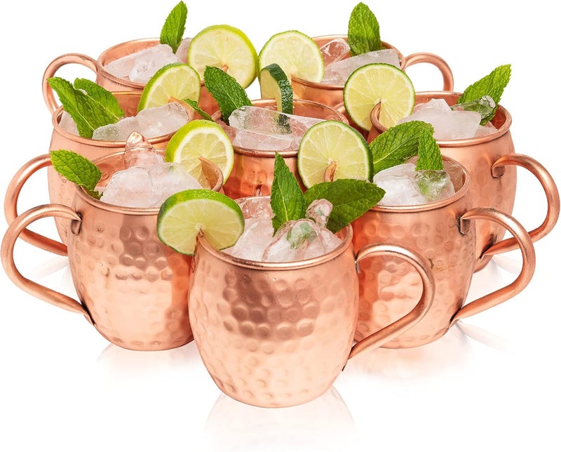 Kitchen Science Moscow Mule Copper Mugs Set of 8 (16oz) | Food Grade 100% Pure Copper Cups | Handcrafted w/Lacquered Hammered Finish, Smooth Rounded Lip, Ergonomic Handle (No Rivet) w/Solid Grip - Image 1