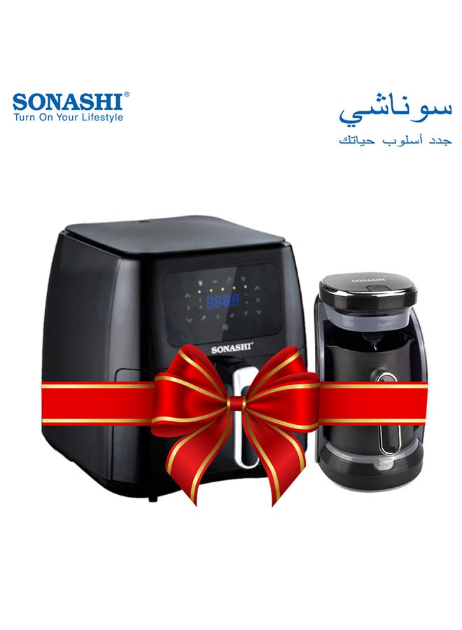 سوناشي مقلاة هوائية رقمية مع ماكينة صنع القهوة التركية 8 L 1700 W SAF-800/STCM-4962S أسود - Image 1
