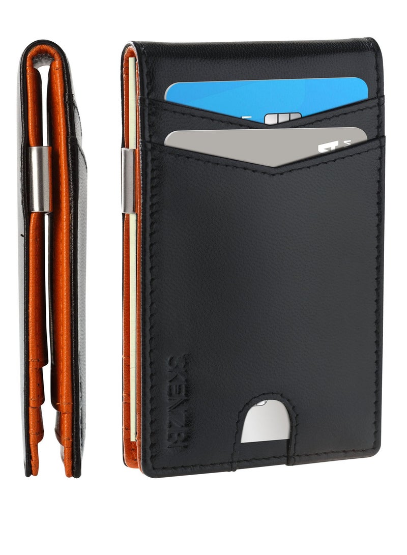 SKENZBI Slim Wallets for Men with Money Clip RFID Blocking Bifold Black Orange - Image 1