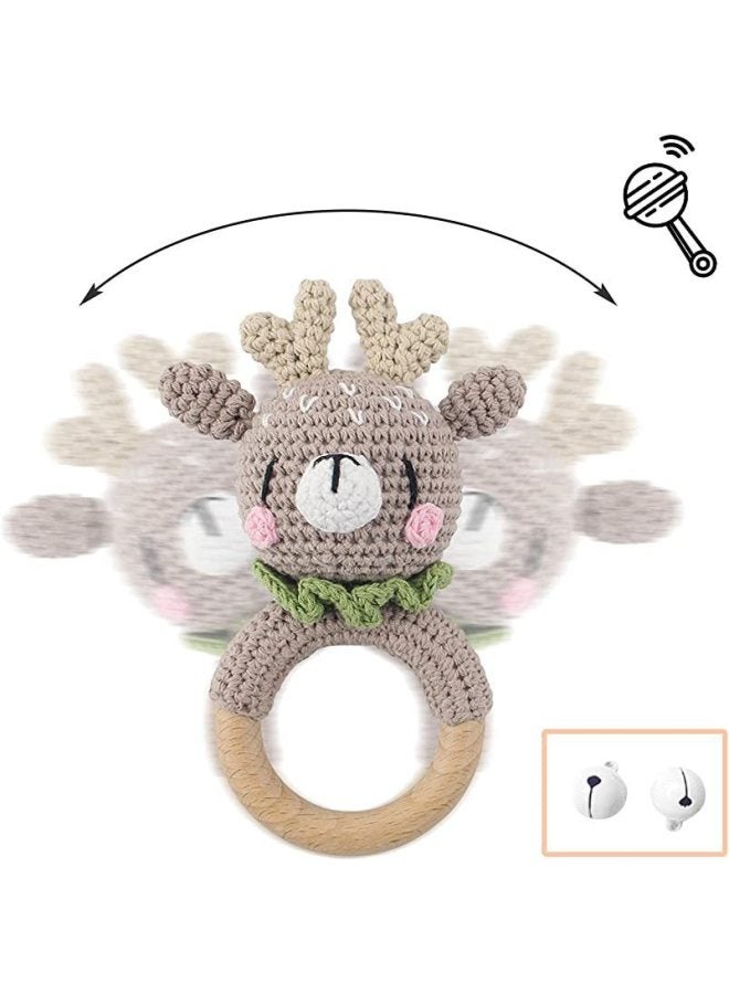 Baby Soothing Teething Toy Handmade Wooden Wool Yarn Hook Rattles Customizable Logo Baby Soothing Teether Toy Hand Shake Bell-Color:Green Scarf-elk-Specifications:Rattle  - Image 4