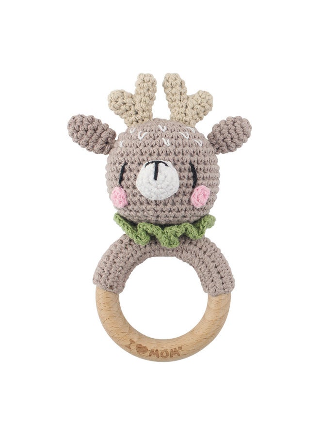 Baby Soothing Teething Toy Handmade Wooden Wool Yarn Hook Rattles Customizable Logo Baby Soothing Teether Toy Hand Shake Bell-Color:Green Scarf-elk-Specifications:Rattle  - Image 1