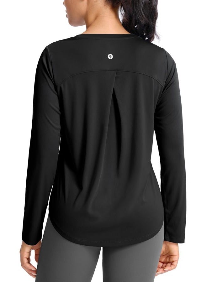 SANTINY Lightweight Long Sleeve Workout Tops for Women Breathable Active Tennis Sports Top Gym Yoga Athletic Running Shirts, Black, L - Image 1