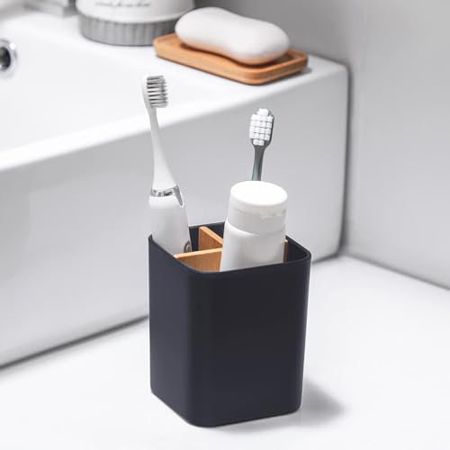 Heagoale Bamboo Toothbrush Holder for Bathrooms 3 Slots Toothbrush and Toothpaste Holder Bathroom Counter Organizer for Electric Toothbrushes Floss Razors Cool Grey - Image 3