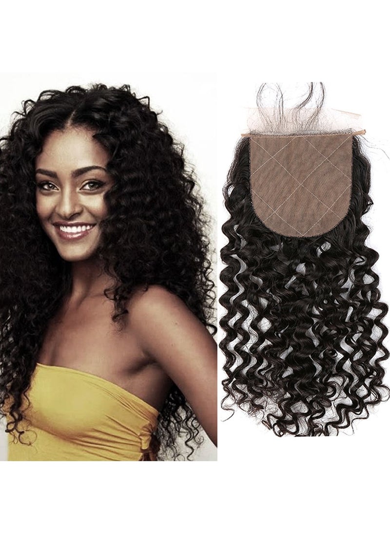 sent hair 4x4 Silk Base Lace Closure with Baby Hair Free Part Curly Wave Human Hair Closure Bleached Knots Brazilian Virgin Hair Natural Color 16 inch 