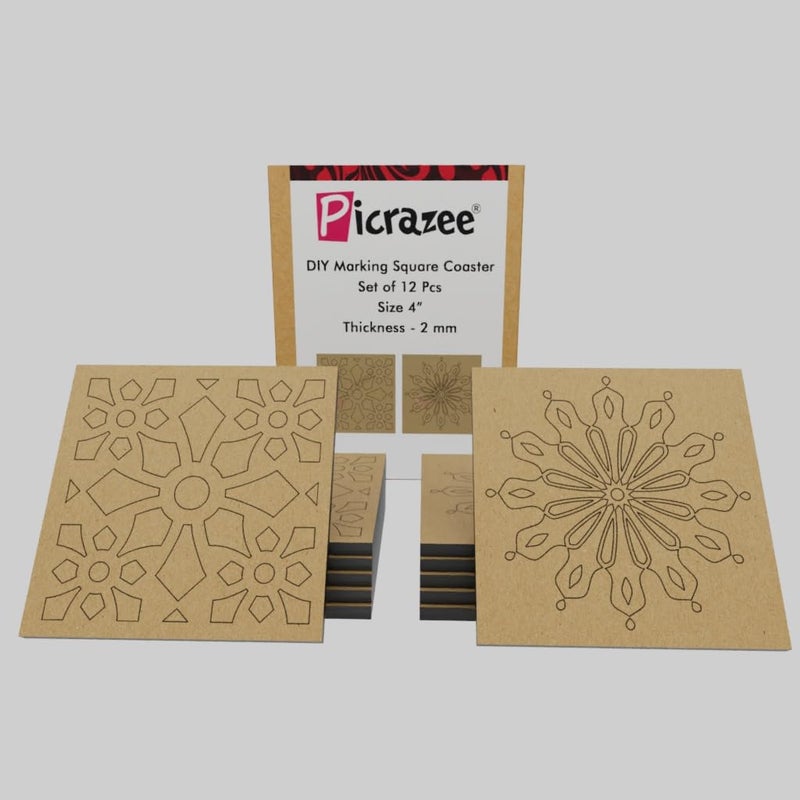 PICRAZEE ألواح مربعة مسبقة العلامة من خشب الصنوبر الهندسي MDF بحجم 12 بحجم 4x4 بوصة وسمك 5.5 مم - مثالية للفنون والحرف اليدوية، فن الراتنج، الديكوباج، ومشاريع DIY - Image 1