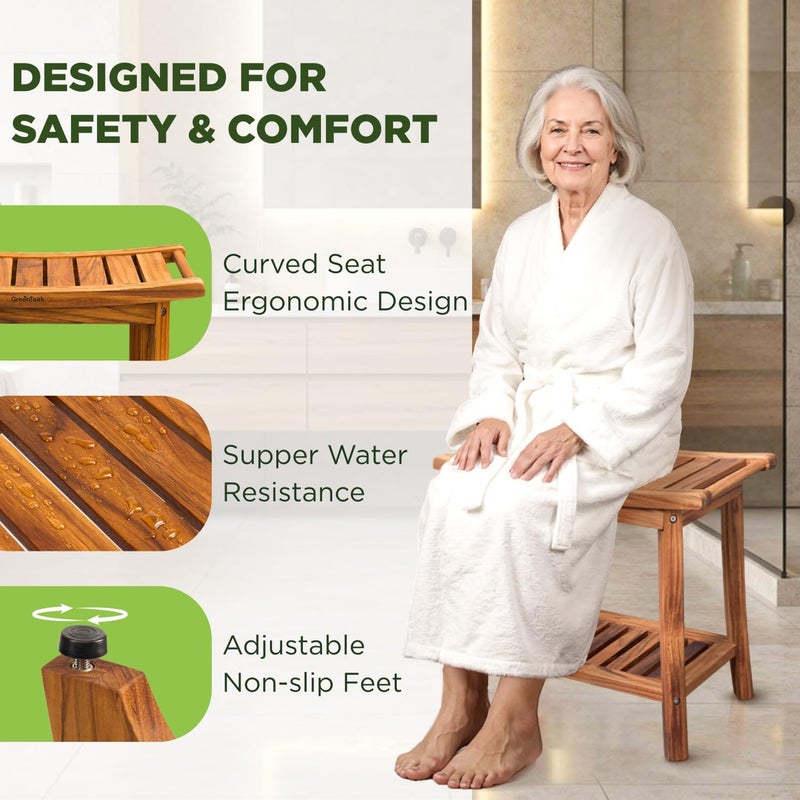 GREENTEAK Premium 22" Teak Wood Shower Bench with Shelf, 2-Tier Waterproof Teak Shower Stool, Non-Slip Feet for Enhanced Safety, Spa Bath Seat for Bathroom, Indoor & Outdoor Use, 300 lb Capacity - Image 4