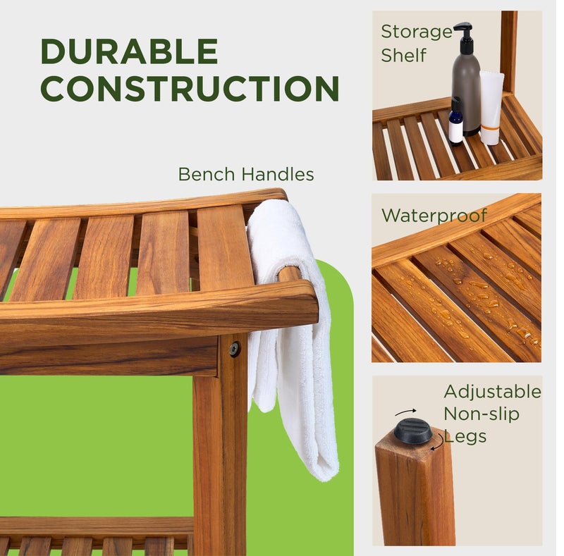 GREENTEAK Premium 22" Teak Wood Shower Bench with Shelf, 2-Tier Waterproof Teak Shower Stool, Non-Slip Feet for Enhanced Safety, Spa Bath Seat for Bathroom, Indoor & Outdoor Use, 300 lb Capacity - Image 5
