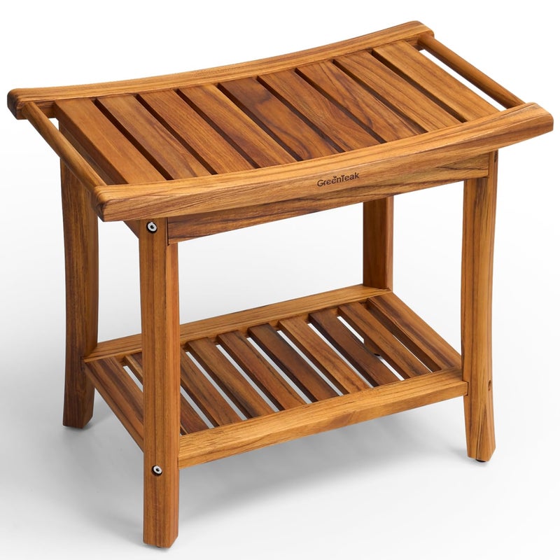 GREENTEAK Premium 22" Teak Wood Shower Bench with Shelf, 2-Tier Waterproof Teak Shower Stool, Non-Slip Feet for Enhanced Safety, Spa Bath Seat for Bathroom, Indoor & Outdoor Use, 300 lb Capacity - Image 1