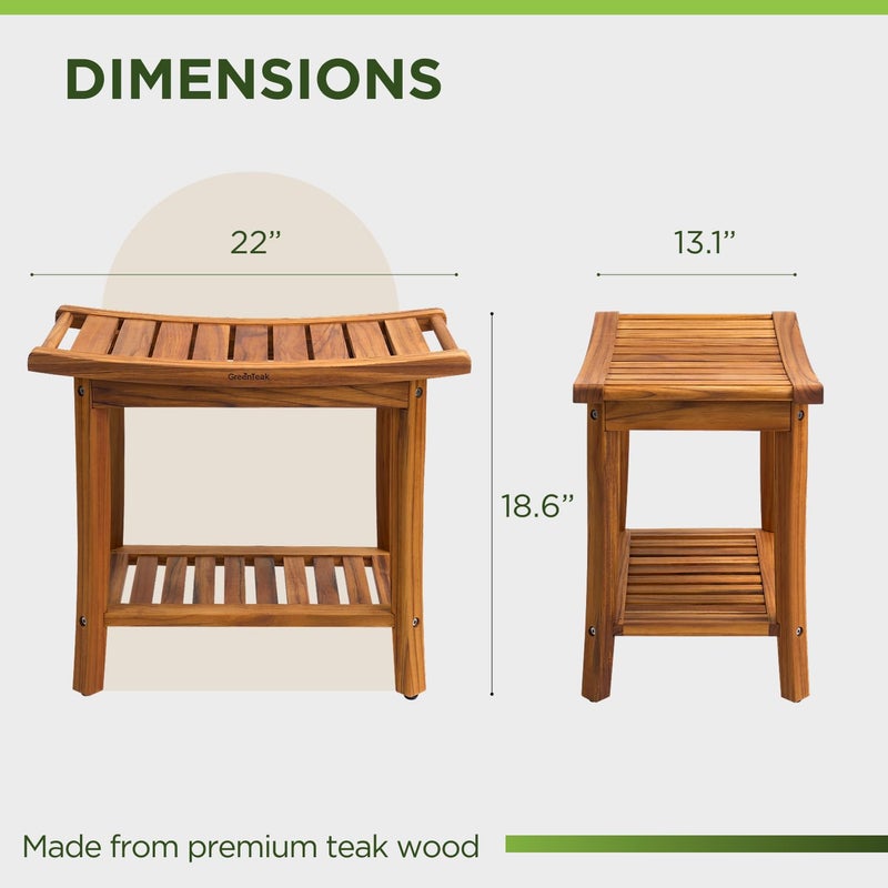 GREENTEAK Premium 22" Teak Wood Shower Bench with Shelf, 2-Tier Waterproof Teak Shower Stool, Non-Slip Feet for Enhanced Safety, Spa Bath Seat for Bathroom, Indoor & Outdoor Use, 300 lb Capacity - Image 3