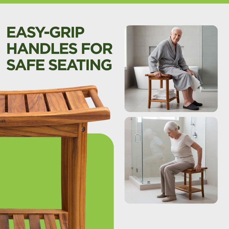 GREENTEAK Premium 22" Teak Wood Shower Bench with Shelf, 2-Tier Waterproof Teak Shower Stool, Non-Slip Feet for Enhanced Safety, Spa Bath Seat for Bathroom, Indoor & Outdoor Use, 300 lb Capacity - Image 2