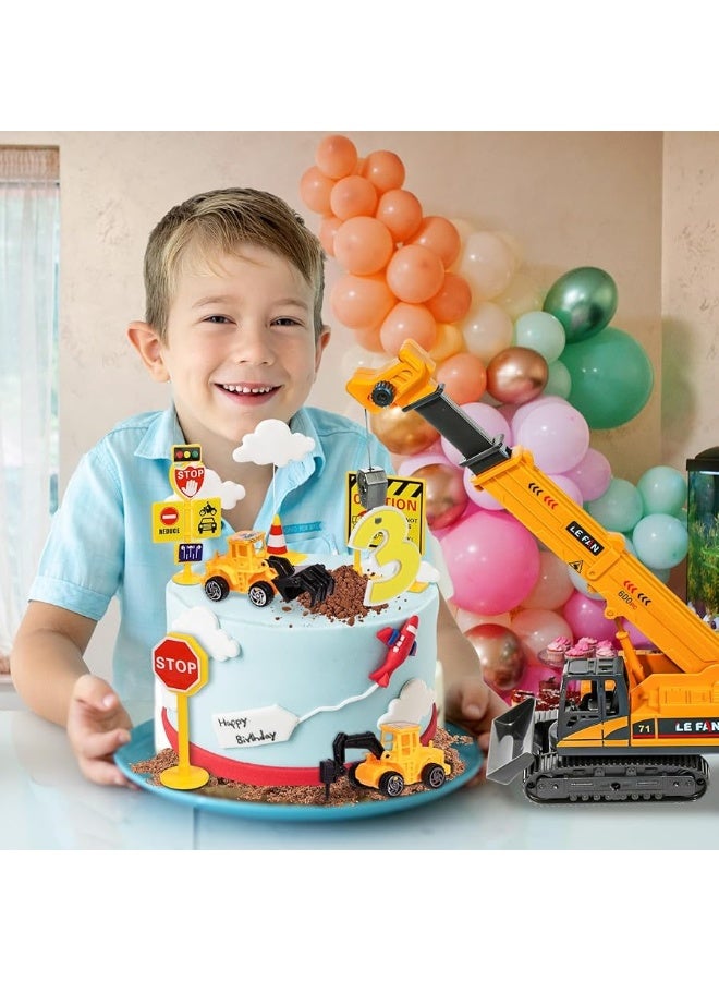 RAYNAG 16 Pieces Construction Cake Topper Vehicles Cake Decoration Set Construction Birthday Party Supplies Large Crane Excavator Traffic Road Sign Cake Topper for Kids Birthday Party Supplies Favours - Image 4