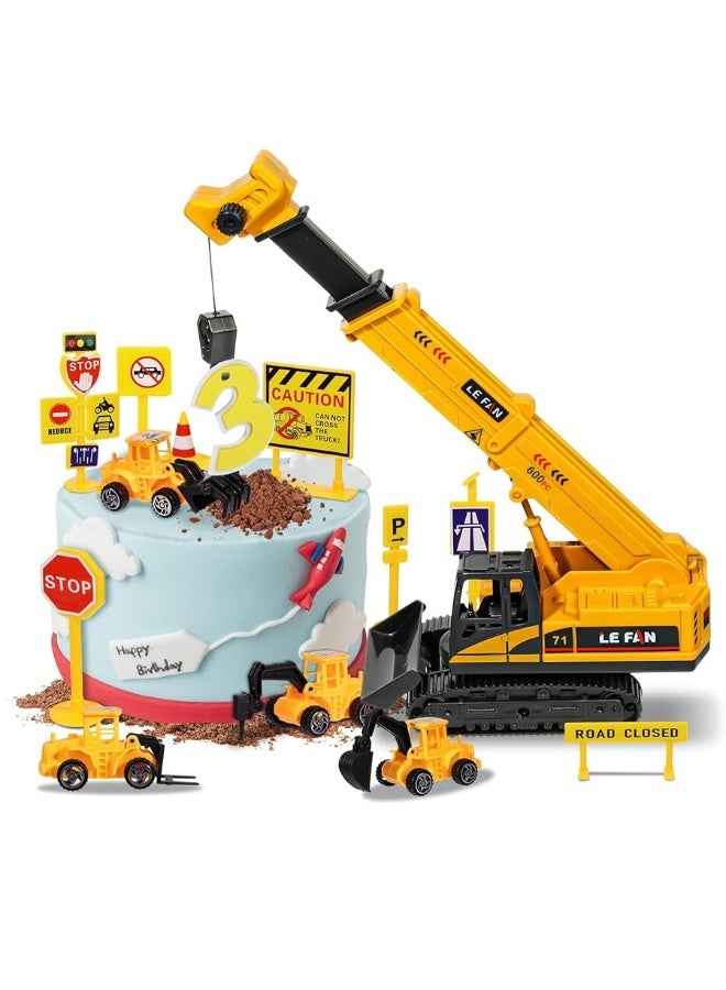 RAYNAG 16 Pieces Construction Cake Topper Vehicles Cake Decoration Set Construction Birthday Party Supplies Large Crane Excavator Traffic Road Sign Cake Topper for Kids Birthday Party Supplies Favours - Image 5