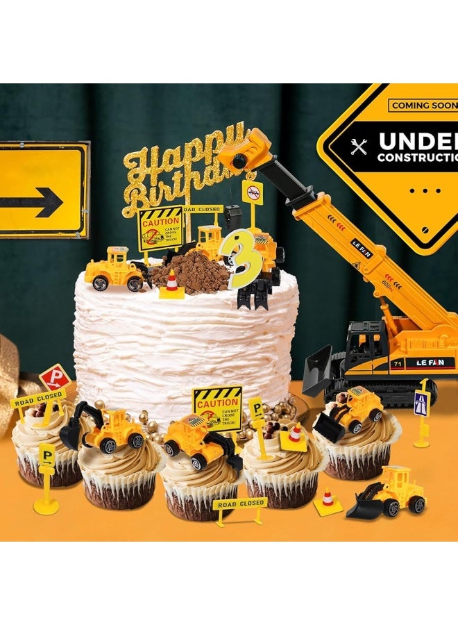 RAYNAG 16 Pieces Construction Cake Topper Vehicles Cake Decoration Set Construction Birthday Party Supplies Large Crane Excavator Traffic Road Sign Cake Topper for Kids Birthday Party Supplies Favours - Image 1