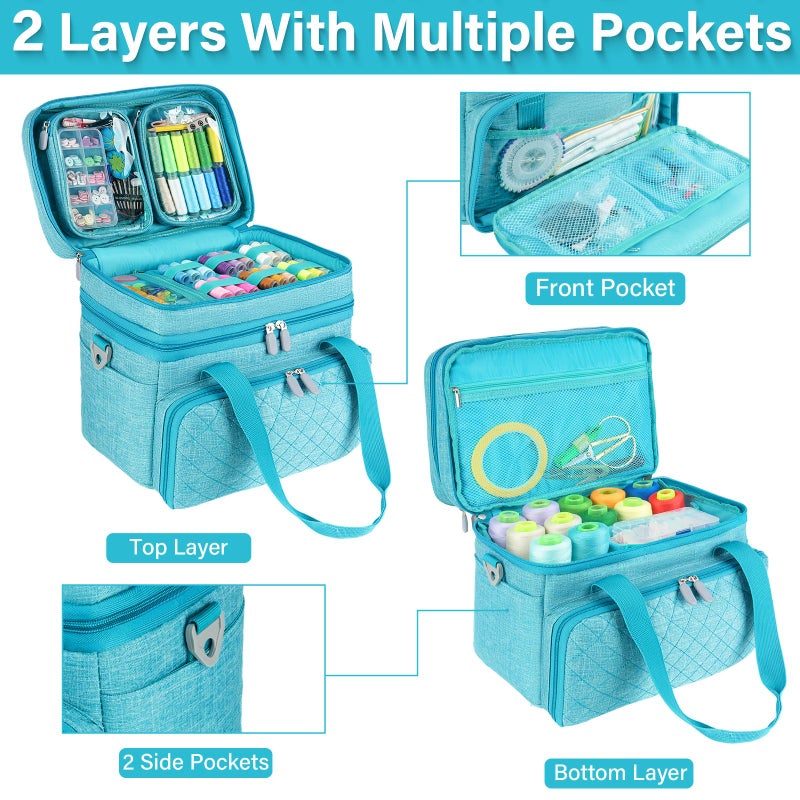 MRINCA Sewing Accessories Organizer Bag, Double Layer Sewing Storage Bag with Shoulder Strap, 2 Detachable Pouches, Large Portable Sewing Travel Case for Supplies, Thread, Scissors, Tools (Blue) - Image 2