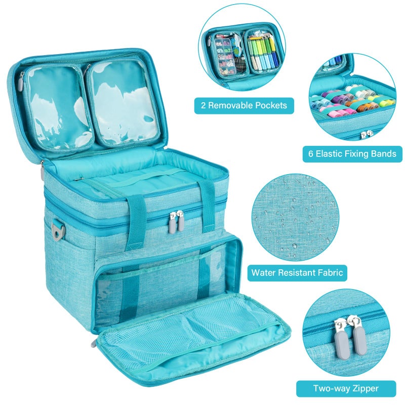 MRINCA Sewing Accessories Organizer Bag, Double Layer Sewing Storage Bag with Shoulder Strap, 2 Detachable Pouches, Large Portable Sewing Travel Case for Supplies, Thread, Scissors, Tools (Blue) - Image 3
