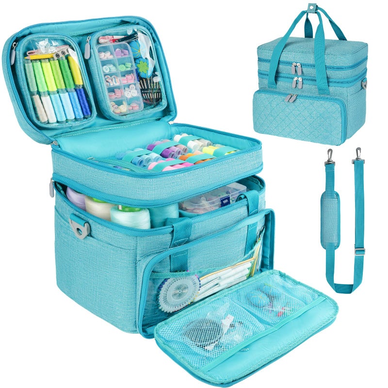 MRINCA Sewing Accessories Organizer Bag, Double Layer Sewing Storage Bag with Shoulder Strap, 2 Detachable Pouches, Large Portable Sewing Travel Case for Supplies, Thread, Scissors, Tools (Blue) - Image 1