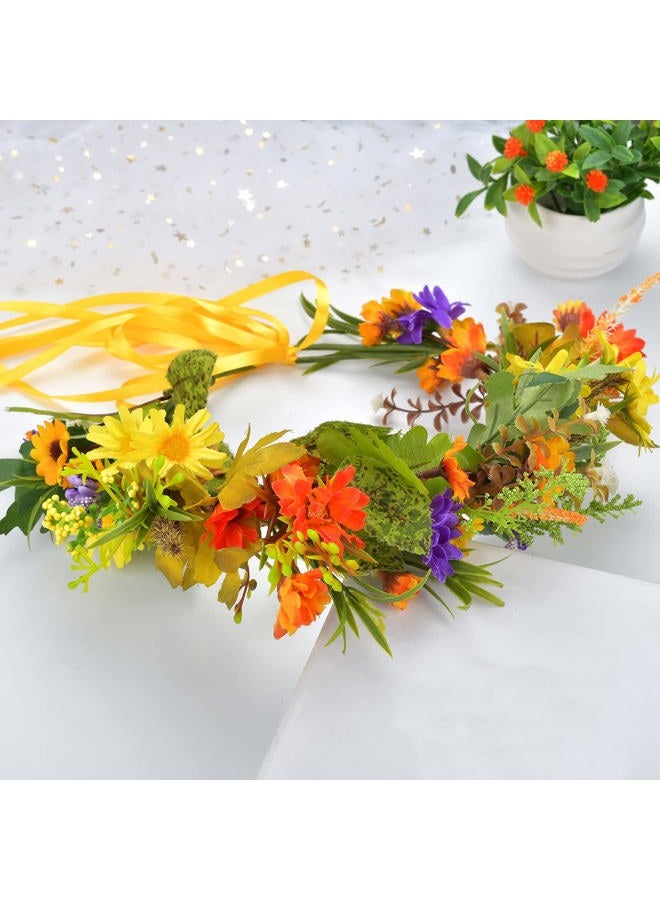 LLinfflr Floral Crown Flower Garland Headband Hair Wreath Floral Headpiece Halo Boho Party Prom Wedding Photos Golden - Image 2