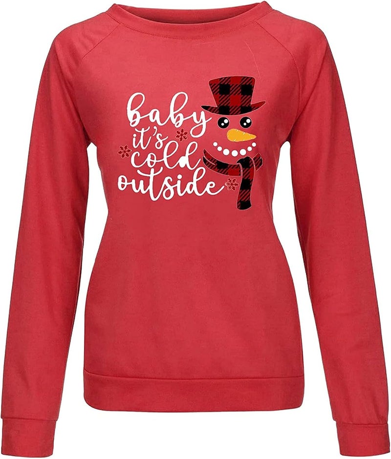 woobles Women Graphic T Shirt Tops 2021 Autumn Winter New Long-Sleeved Christmas O-Neck T-Shirt Ladies Daily Clothes Christmas Xmas Gifts Cute Christmassy Jumper Loose Oversize Girls Xmas Tops Casual - Image 3