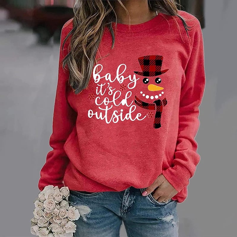 woobles Women Graphic T Shirt Tops 2021 Autumn Winter New Long-Sleeved Christmas O-Neck T-Shirt Ladies Daily Clothes Christmas Xmas Gifts Cute Christmassy Jumper Loose Oversize Girls Xmas Tops Casual - Image 2