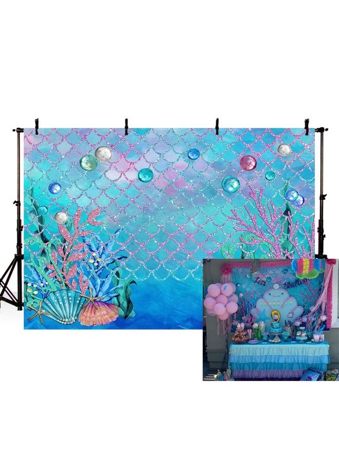 MEHOFOTO - 8X6Ft Under The Sea Blue Photography Backdrop Ocean Mermaid Theme Girl Birthday Party Decoration Pearls Starfish Shell Ocean Theme Baby Shower Photo Studio Booth Background Banner - Image 1