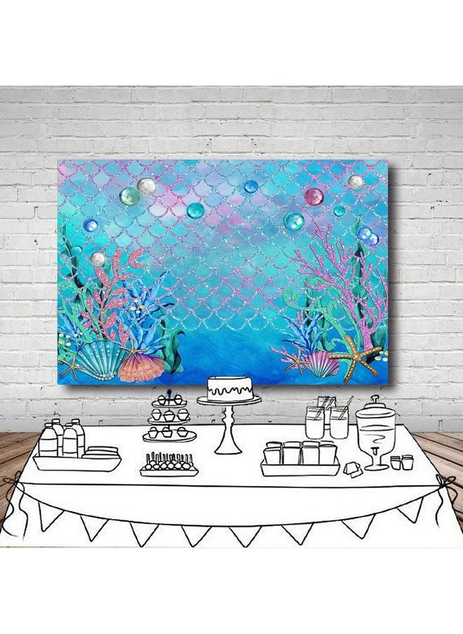 MEHOFOTO - 8X6Ft Under The Sea Blue Photography Backdrop Ocean Mermaid Theme Girl Birthday Party Decoration Pearls Starfish Shell Ocean Theme Baby Shower Photo Studio Booth Background Banner - Image 1