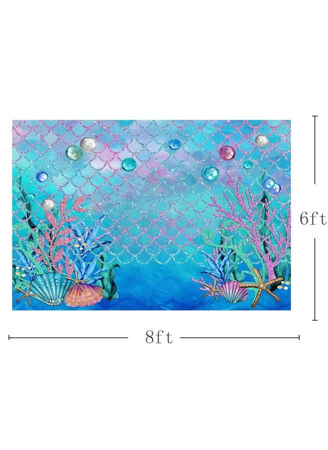 MEHOFOTO - 8X6Ft Under The Sea Blue Photography Backdrop Ocean Mermaid Theme Girl Birthday Party Decoration Pearls Starfish Shell Ocean Theme Baby Shower Photo Studio Booth Background Banner - Image 1