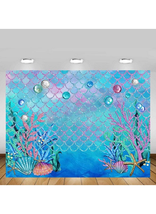 MEHOFOTO - 8X6Ft Under The Sea Blue Photography Backdrop Ocean Mermaid Theme Girl Birthday Party Decoration Pearls Starfish Shell Ocean Theme Baby Shower Photo Studio Booth Background Banner - Image 1