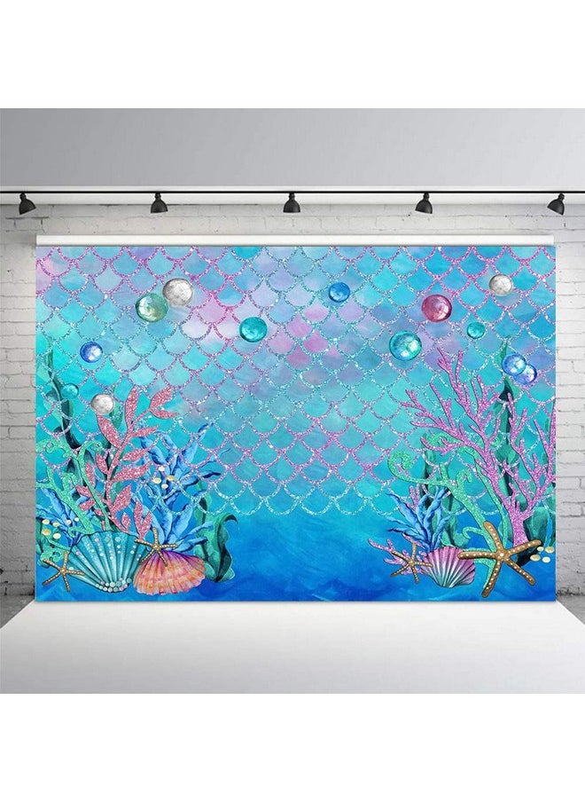MEHOFOTO - 8X6Ft Under The Sea Blue Photography Backdrop Ocean Mermaid Theme Girl Birthday Party Decoration Pearls Starfish Shell Ocean Theme Baby Shower Photo Studio Booth Background Banner - Image 1