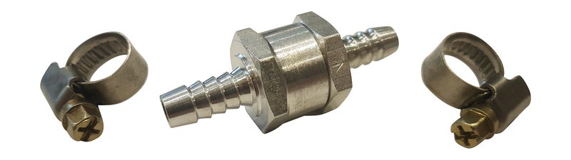 Muzzys صمام فحص الوقود Muzzys 8mm، 5/16"، خطي، باتجاه واحد، غير قابل للعودة، من الألمنيوم، مع مشابك، للماء، الغاز، الديزل، والزيوت، على UTV، كواد، سكوتر ثلجي، دراجة نارية، جت سكي، جزازة، منفاخ، سيارة، شاحنة، جرار - Image 1