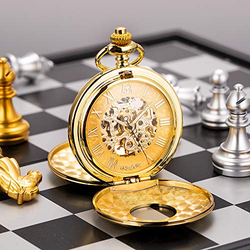 ManChDa Skeleton Automatic Mechanical Pocket Watches for Men Double Cover Roman Numerals with Gift Box and Chain + Extra T-bar Chain Gold - Image 5