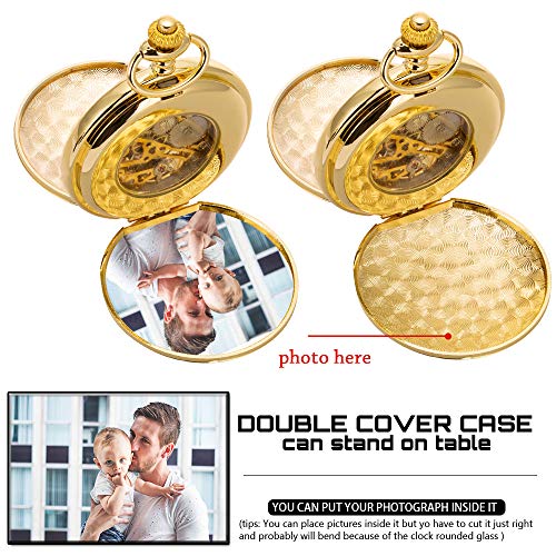 ManChDa Skeleton Automatic Mechanical Pocket Watches for Men Double Cover Roman Numerals with Gift Box and Chain + Extra T-bar Chain Gold - Image 4