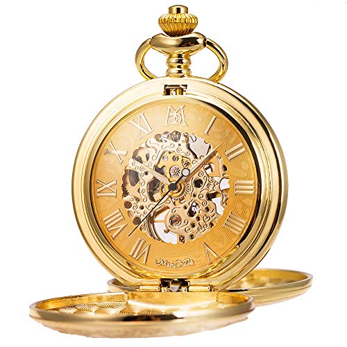 ManChDa Skeleton Automatic Mechanical Pocket Watches for Men Double Cover Roman Numerals with Gift Box and Chain + Extra T-bar Chain Gold - Image 1