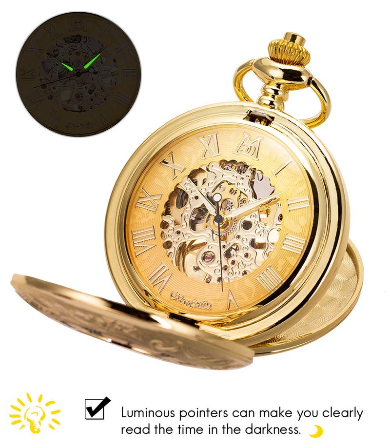 ManChDa Skeleton Automatic Mechanical Pocket Watches for Men Double Cover Roman Numerals with Gift Box and Chain + Extra T-bar Chain Gold - Image 2