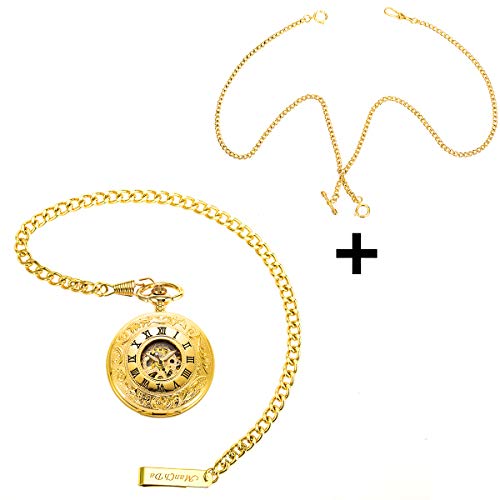 ManChDa Skeleton Automatic Mechanical Pocket Watches for Men Double Cover Roman Numerals with Gift Box and Chain + Extra T-bar Chain Gold - Image 3