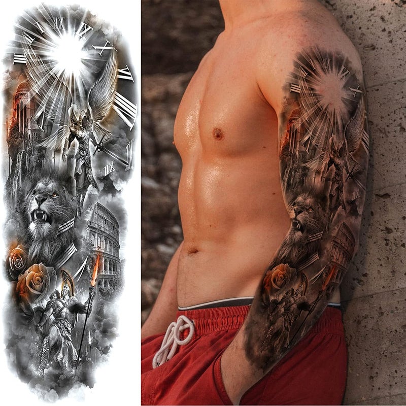 Briyhose Practical versatile construction Realistic Greek Poseidon Temporary Tattoo Sleeves For Men, Full Arm Large Myth Ancient Warrior Lion Fake Sleeve Tattoo Adult Women, Black 3D Gladiator Wolf Temp Tatoo Sticker Leg Body Makeup, 6-Sheet Authorized haulage delivery - Image 3