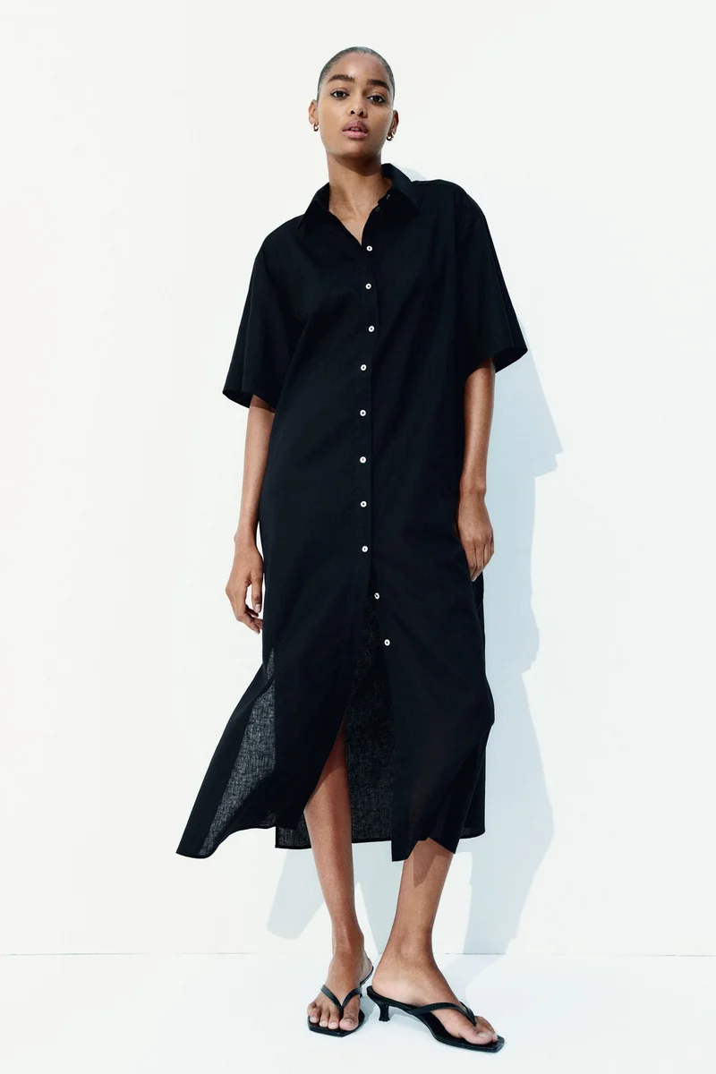 اتش اند ام فستان بقصّة قميص من مزيج الكتان