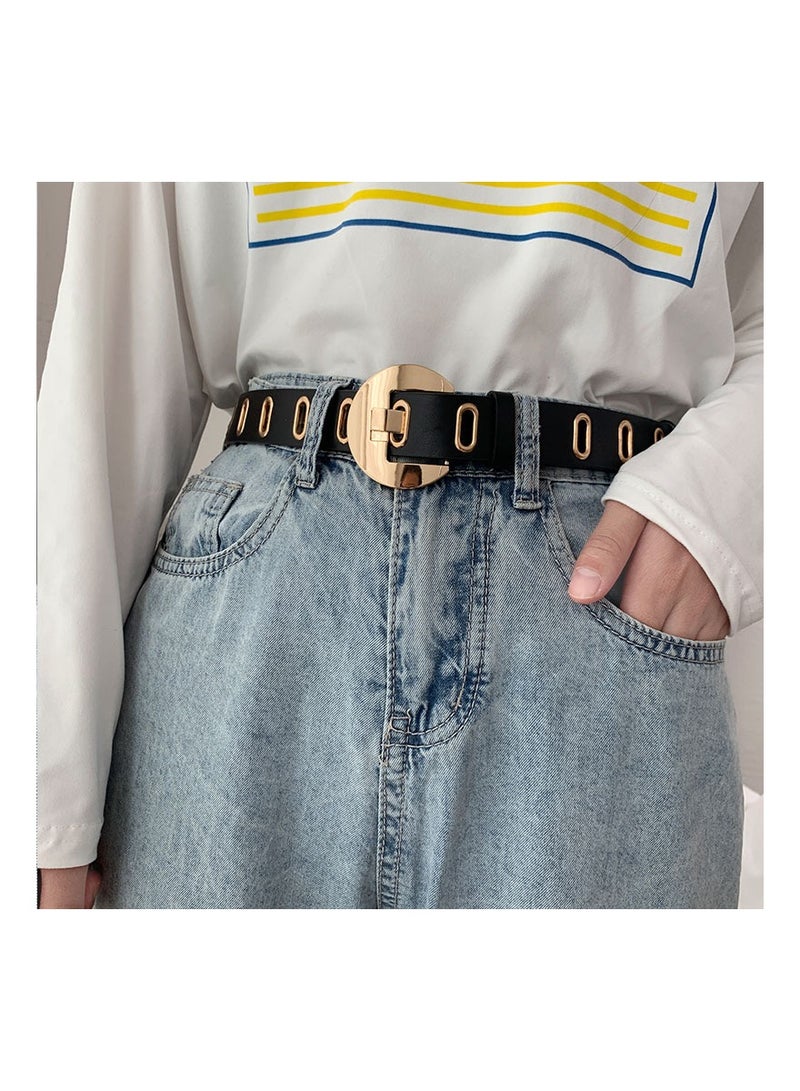 KASTWAVE 2 Pcs Womens Dress Belt, Leather Punk Belt Jeans Belt, Double Grommet Belt for Jeans Dresses Pants, Black and White - Image 3