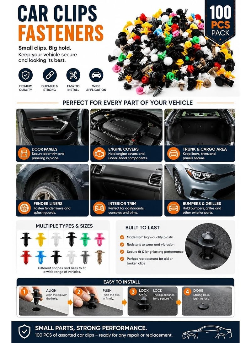 Alayjah, Mechanical Fasteners Car Clips Kit, 100 Pcs, Essential for Car Repairs & Maintenance, Easy Fixing Solution 10100030 - Image 4