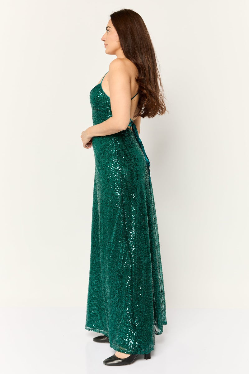 Lulus Women Sequins Maxi Dress, Dark Green - Image 3