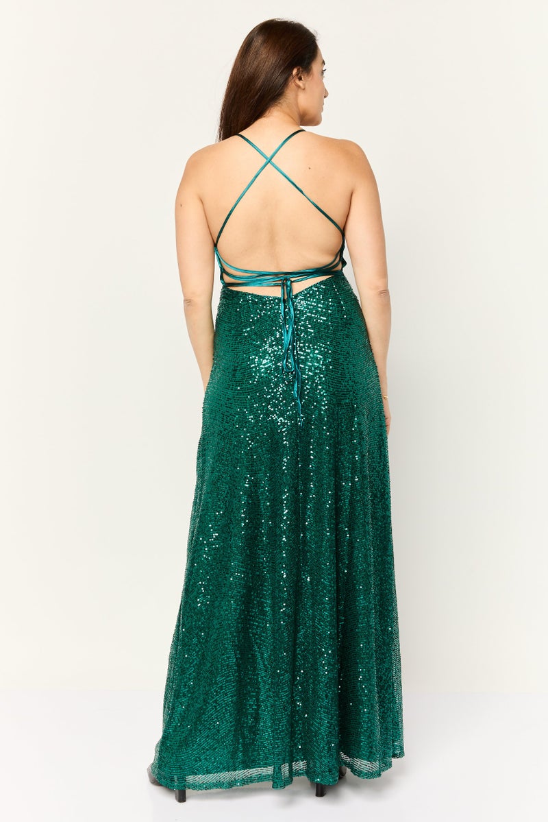 Lulus Women Sequins Maxi Dress, Dark Green - Image 4