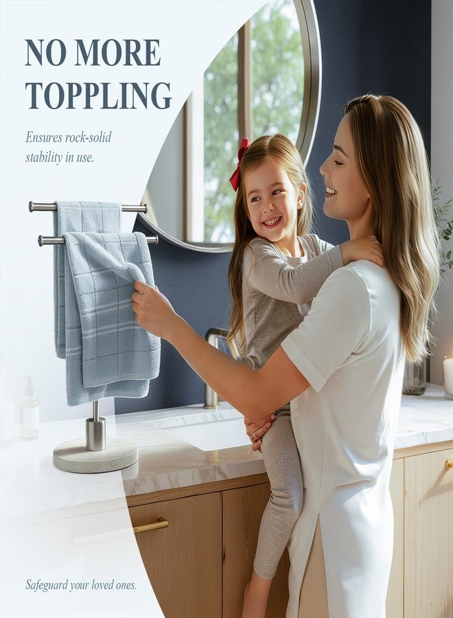 Tindbea Hand Towel Holder with Balanced Travertine Base, SUS304 Stainless Steel Stand Towel Ring Y Shape Hand Towel Rack Free-Standing Towel Bar for Bathroom Kitchen (Double Rod Brushed Silver) - Image 3