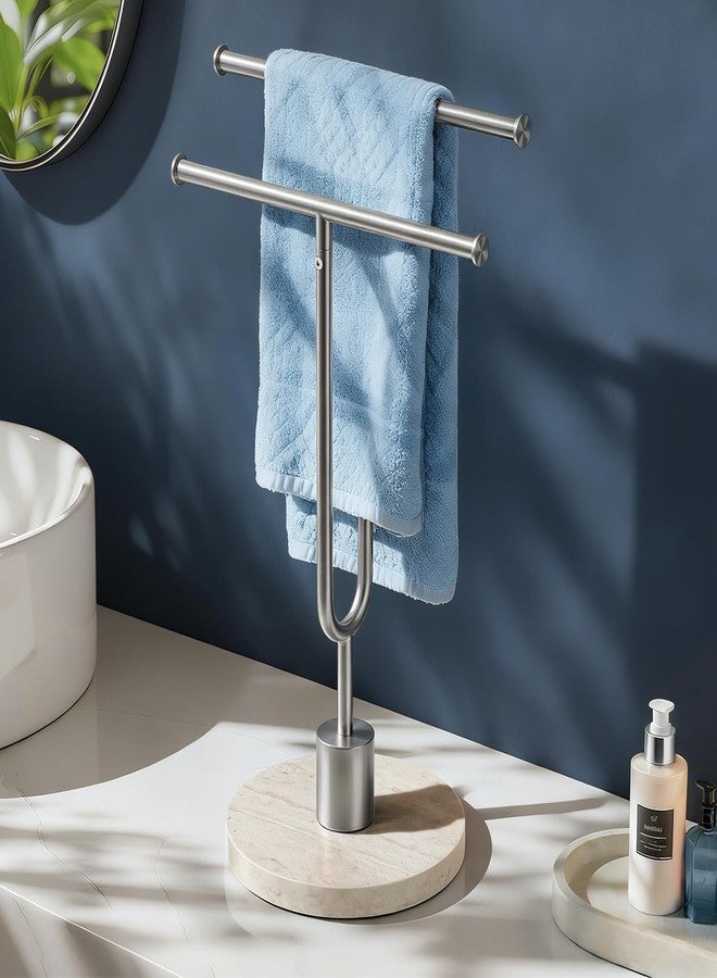 Tindbea Hand Towel Holder with Balanced Travertine Base, SUS304 Stainless Steel Stand Towel Ring Y Shape Hand Towel Rack Free-Standing Towel Bar for Bathroom Kitchen (Double Rod Brushed Silver) - Image 1
